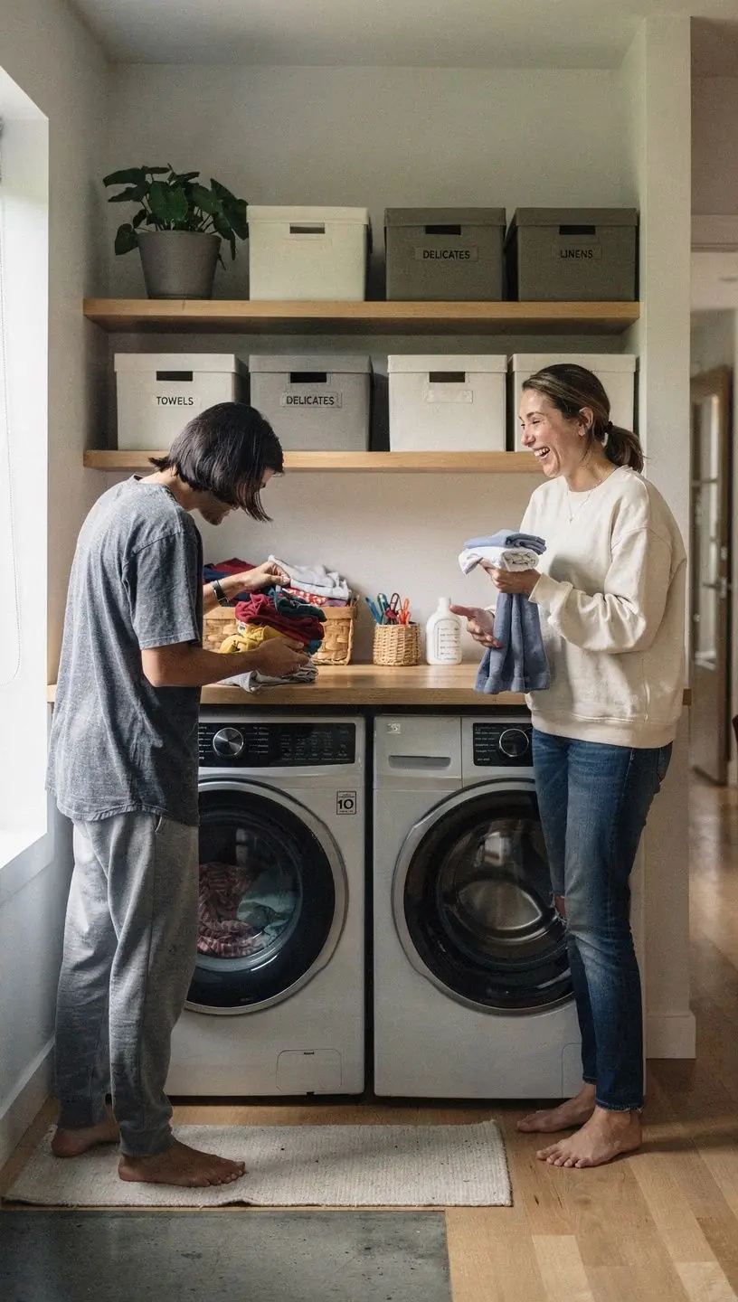 Przestronny korytarz z zamontowanymi półkami i eleganckim oświetleniem.