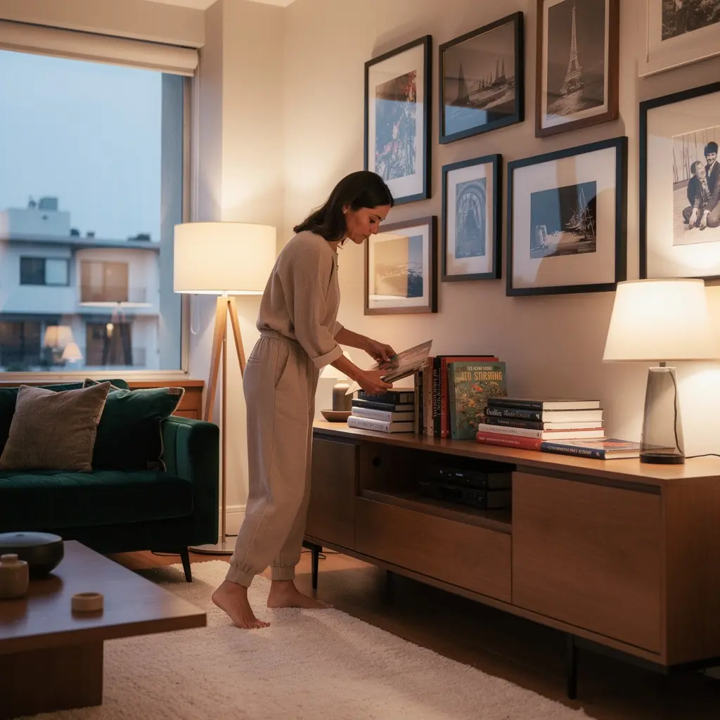 Łazienka z praktycznymi rozwiązaniami przechowywania i subtelnym oświetleniem.