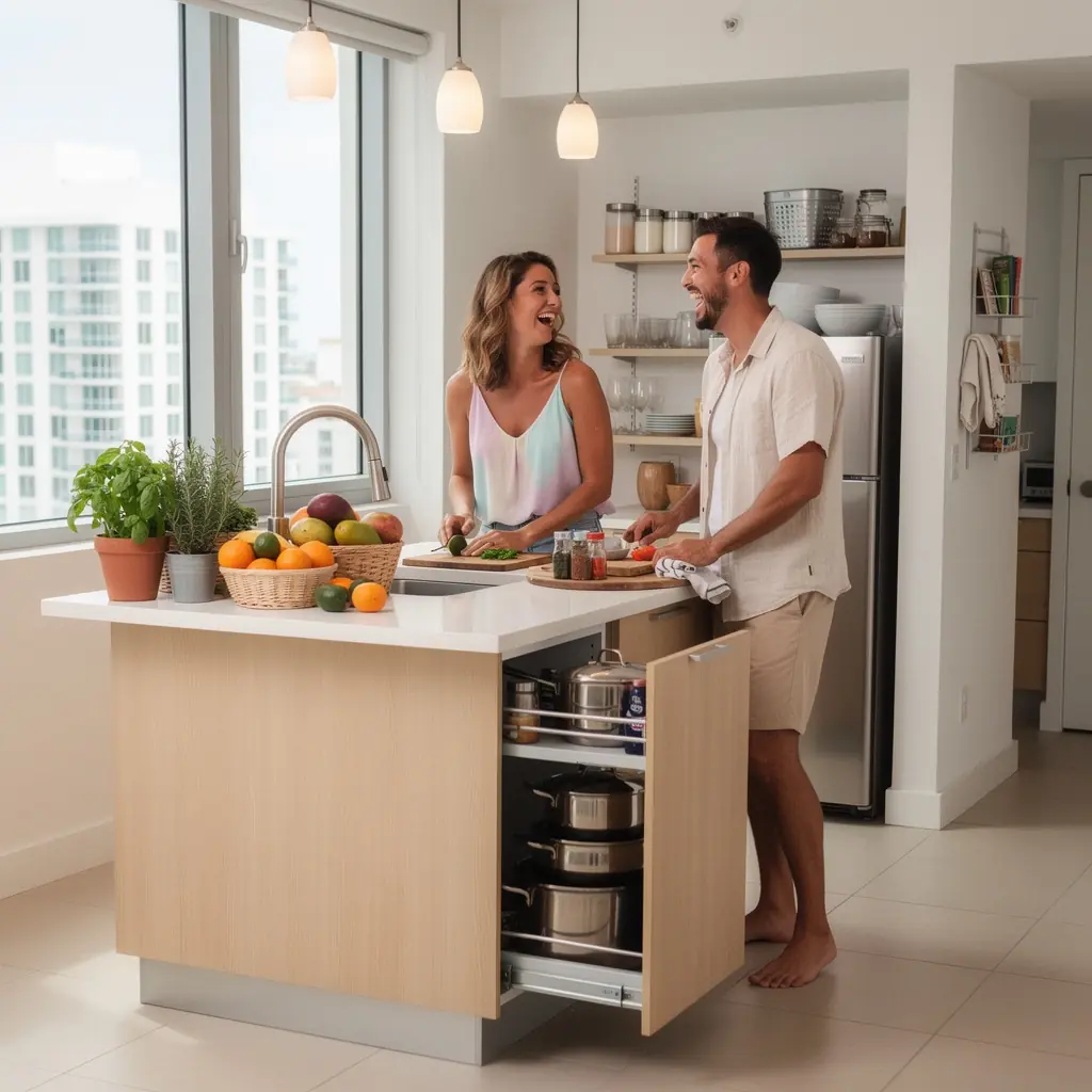 Pokój dziecięcy z kreatywnymi pomysłami na przechowywanie z kolorowym oświetleniem.