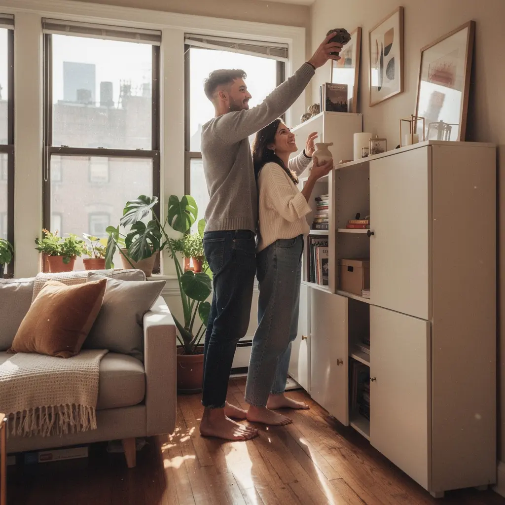 Strefa pracy w małym mieszkaniu z ergonomicznym biurkiem i odpowiednim oświetleniem.