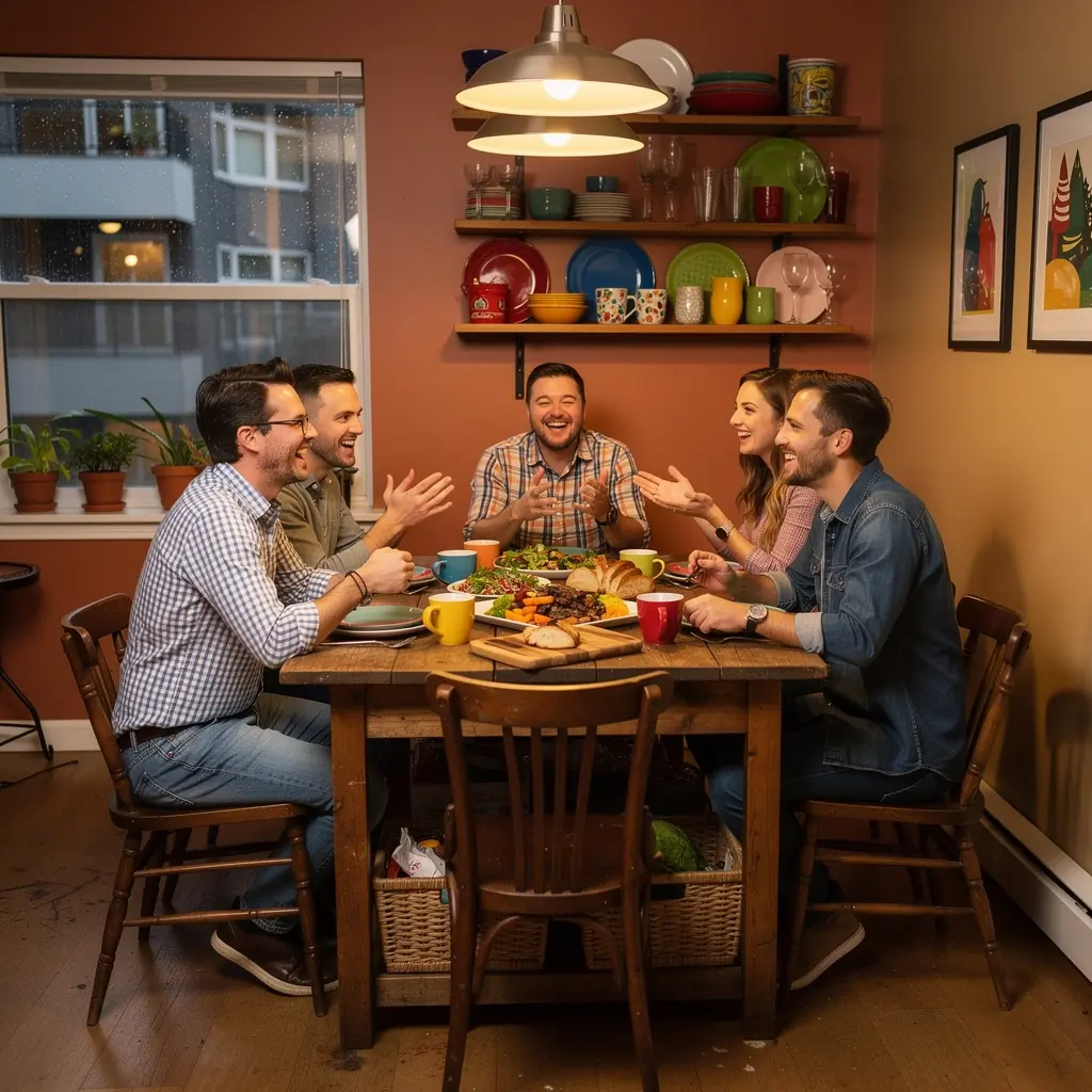 Kącik do relaksu z wygodnym fotelem i nastrojowym oświetleniem w małym apartamencie.