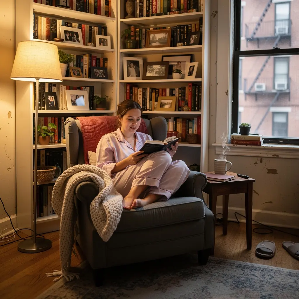 Nowoczesny salon w małym mieszkaniu z inteligentnymi rozwiązaniami przechowywania.